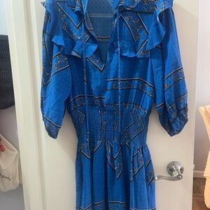 Ganni Electric Blue Ruffle-Detail Long Sleeve Dress